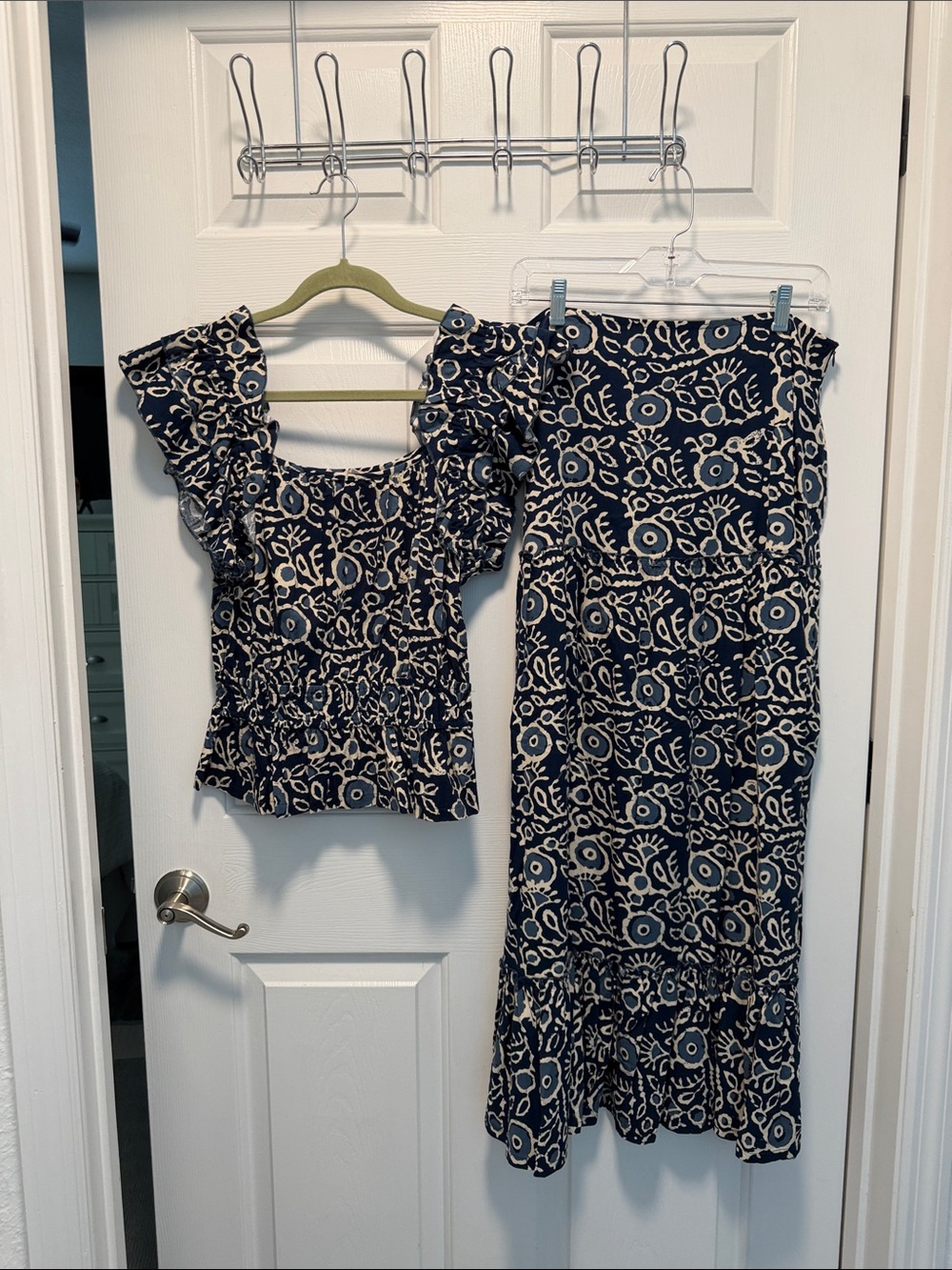Navy Floral Ruffle Two-Piece Set - Top & Midi Skirt
